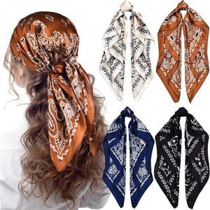 Set of 4 Classic Paisley Bandanas – Versatile Satin BOHO Headwear Headscarves